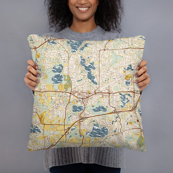 Person holding 18x18 Custom Chanhassen Minnesota Map Throw Pillow in Woodblock