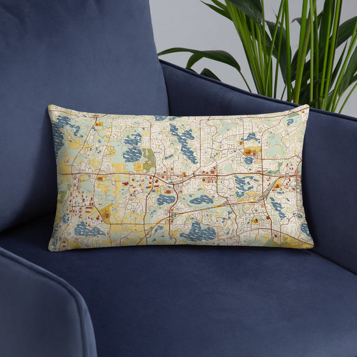 Custom Chanhassen Minnesota Map Throw Pillow in Woodblock on Blue Colored Chair