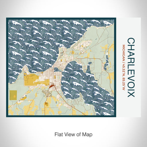 Rendered View of Charlevoix Michigan Map on 20oz Stainless Steel Insulated Bottle with Bamboo Top with printed woodblock style map