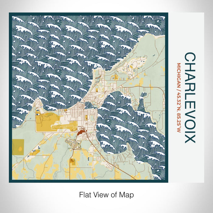 Rendered View of Charlevoix Michigan Map on 17oz Stainless Steel Insulated Tumbler in Woodblock Map Style