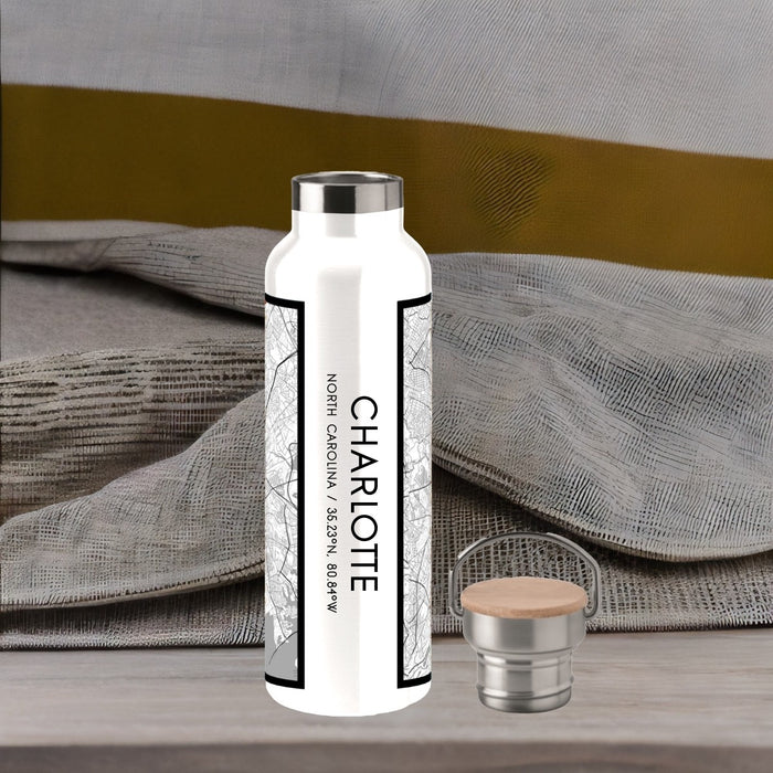 Charlotte North Carolina Custom City Map Inscription Coordinates on 20oz Stainless Steel Insulated Bottle with Bamboo Top with printed classic style map