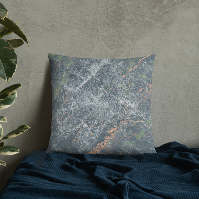 Custom Charlottesville Virginia Map Throw Pillow in Afternoon on Bedding Against Wall