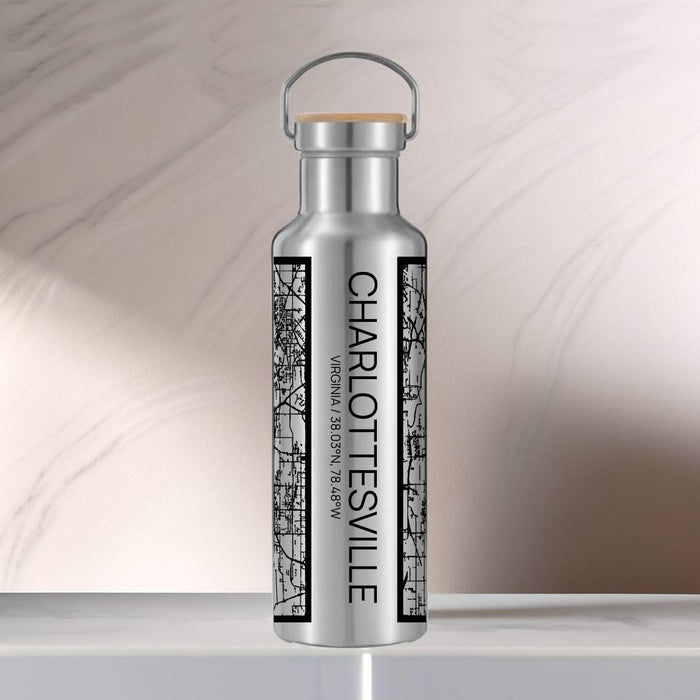 Charlottesville Virginia Custom City Map Inscription Coordinates on 20oz Stainless Steel Insulated Bottle with Bamboo Top with printed Tactile Lines Map in Black