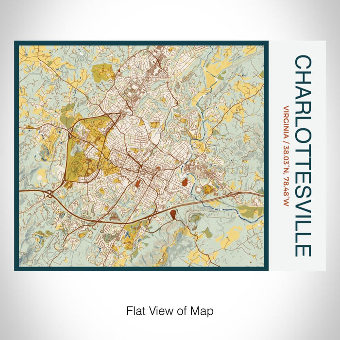 Rendered View of Charlottesville Virginia Map on 20oz Stainless Steel Insulated Bottle with Bamboo Top with printed woodblock style map