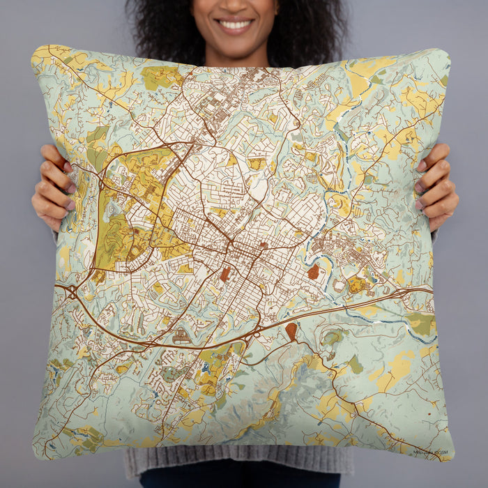 Person holding 22x22 Custom Charlottesville Virginia Map Throw Pillow in Woodblock