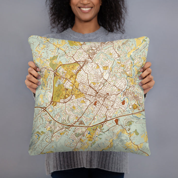 Person holding 18x18 Custom Charlottesville Virginia Map Throw Pillow in Woodblock