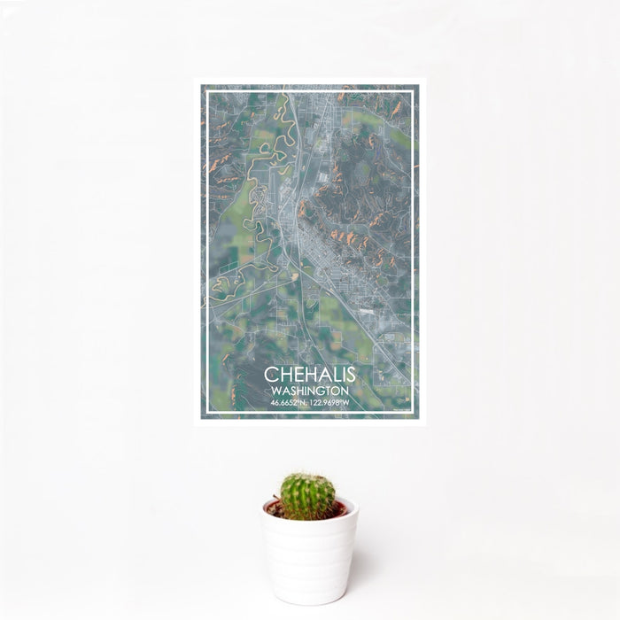 12x18 Chehalis Washington Map Print Portrait Orientation in Afternoon Style With Small Cactus Plant in White Planter
