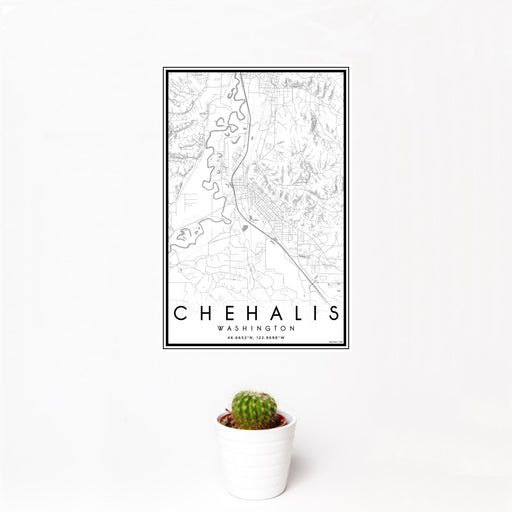 12x18 Chehalis Washington Map Print Portrait Orientation in Classic Style With Small Cactus Plant in White Planter