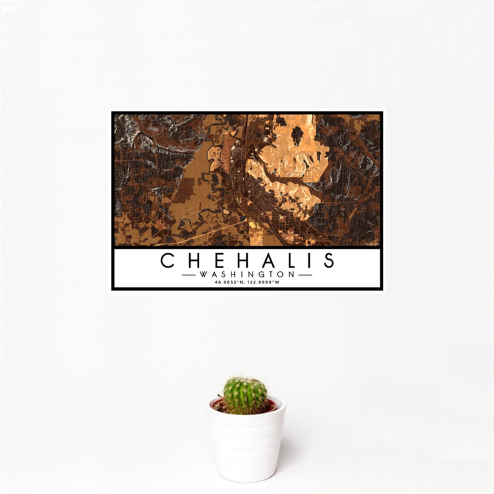 12x18 Chehalis Washington Map Print Landscape Orientation in Ember Style With Small Cactus Plant in White Planter