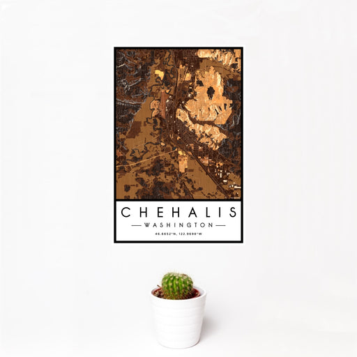 12x18 Chehalis Washington Map Print Portrait Orientation in Ember Style With Small Cactus Plant in White Planter