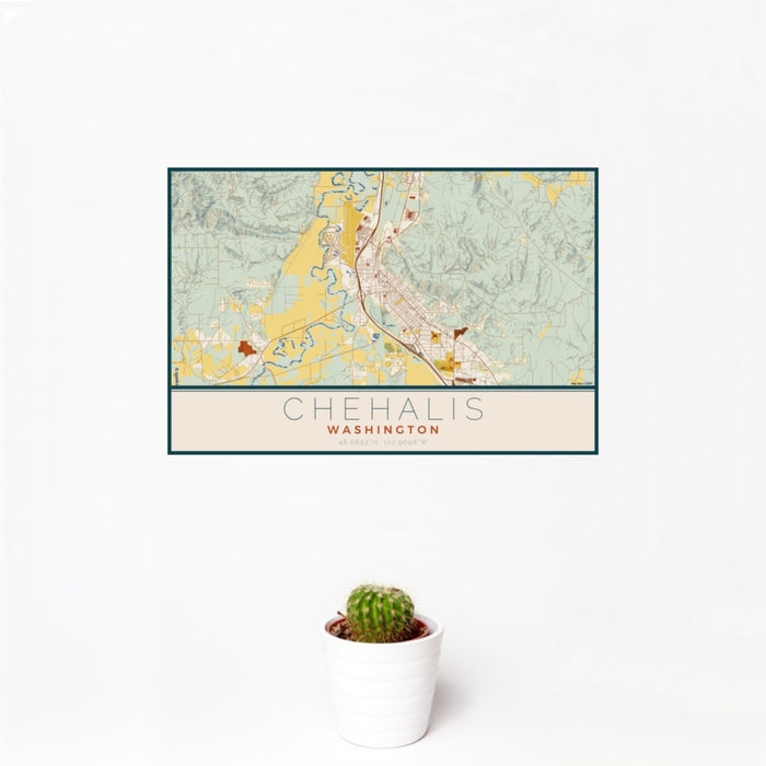 12x18 Chehalis Washington Map Print Landscape Orientation in Woodblock Style With Small Cactus Plant in White Planter