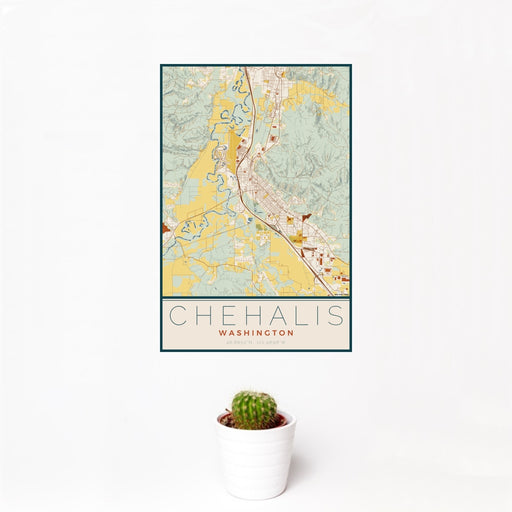 12x18 Chehalis Washington Map Print Portrait Orientation in Woodblock Style With Small Cactus Plant in White Planter