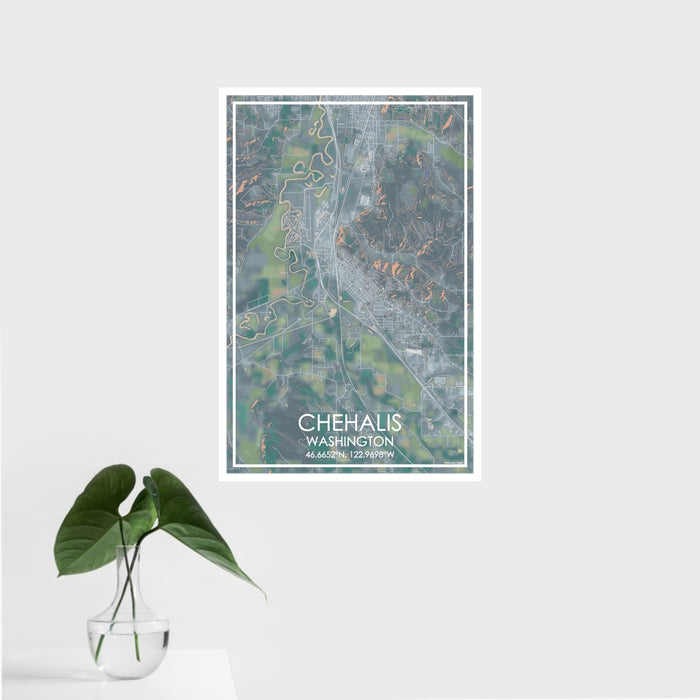 16x24 Chehalis Washington Map Print Portrait Orientation in Afternoon Style With Tropical Plant Leaves in Water