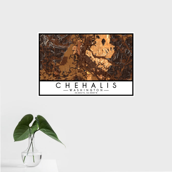 16x24 Chehalis Washington Map Print Landscape Orientation in Ember Style With Tropical Plant Leaves in Water