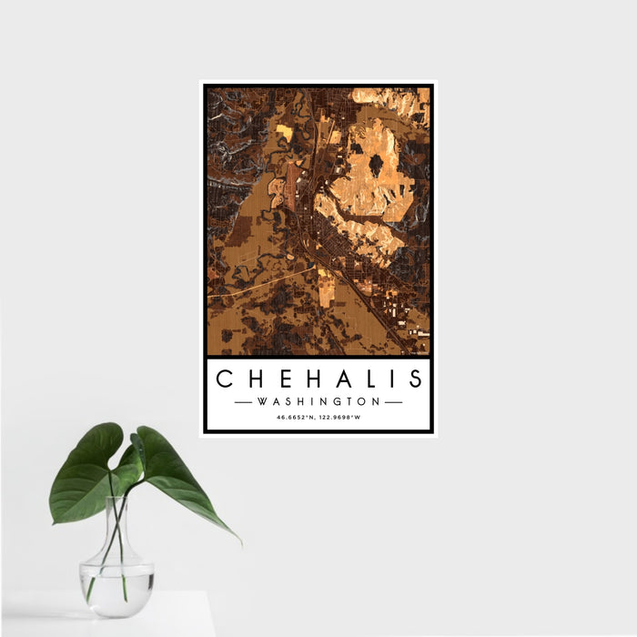 16x24 Chehalis Washington Map Print Portrait Orientation in Ember Style With Tropical Plant Leaves in Water