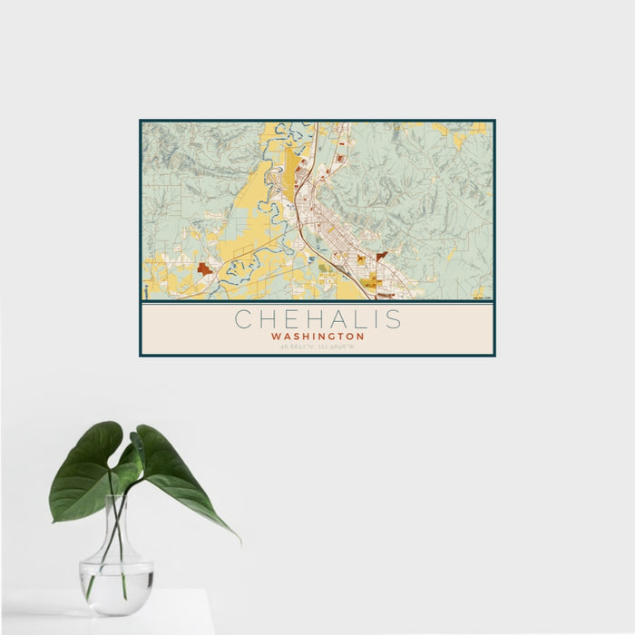 16x24 Chehalis Washington Map Print Landscape Orientation in Woodblock Style With Tropical Plant Leaves in Water
