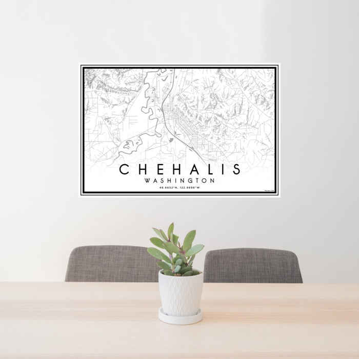 24x36 Chehalis Washington Map Print Lanscape Orientation in Classic Style Behind 2 Chairs Table and Potted Plant