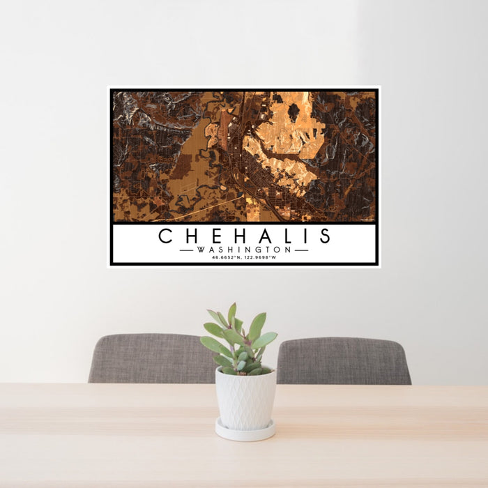 24x36 Chehalis Washington Map Print Lanscape Orientation in Ember Style Behind 2 Chairs Table and Potted Plant