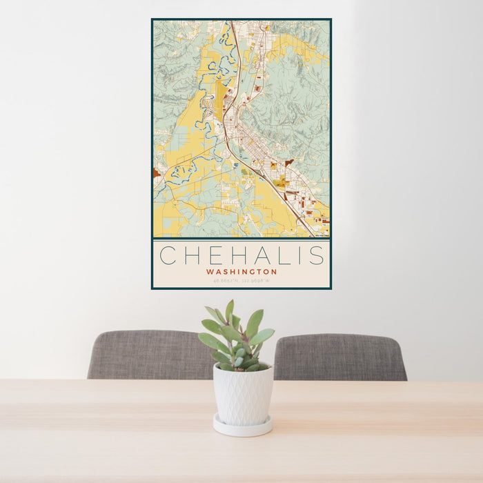 24x36 Chehalis Washington Map Print Portrait Orientation in Woodblock Style Behind 2 Chairs Table and Potted Plant