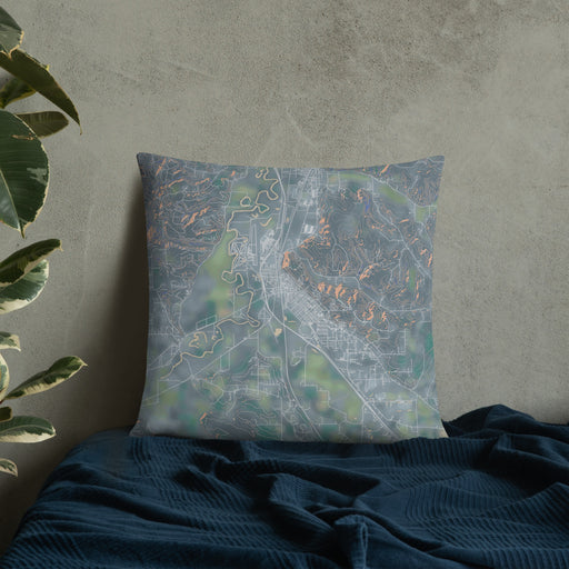Custom Chehalis Washington Map Throw Pillow in Afternoon on Bedding Against Wall