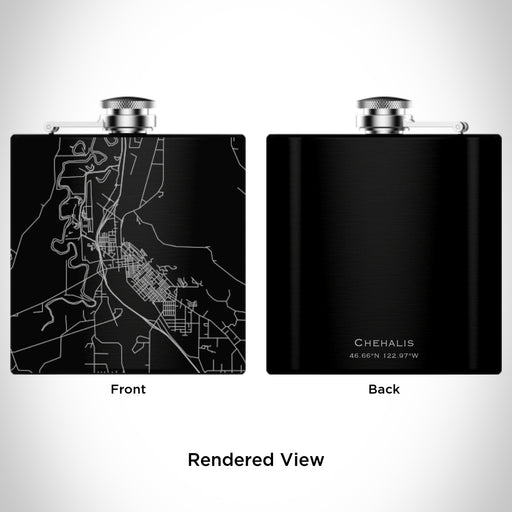 Rendered View of Chehalis Washington Map Engraving on 6oz Stainless Steel Flask in Black