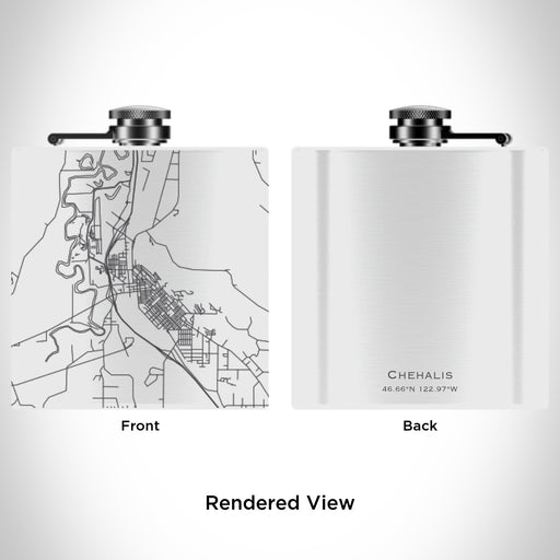Rendered View of Chehalis Washington Map Engraving on 6oz Stainless Steel Flask in White