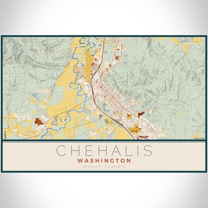 Chehalis Washington Map Print Landscape Orientation in Woodblock Style With Shaded Background
