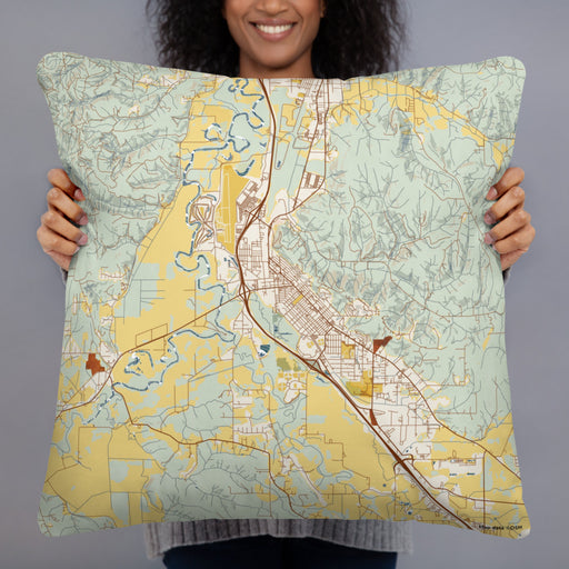Person holding 22x22 Custom Chehalis Washington Map Throw Pillow in Woodblock