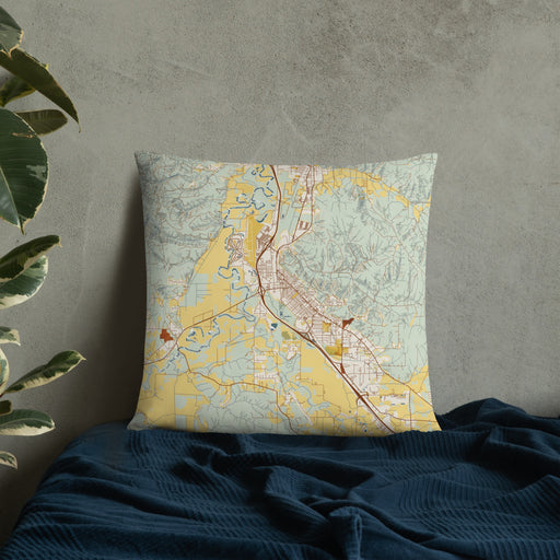 Custom Chehalis Washington Map Throw Pillow in Woodblock on Bedding Against Wall