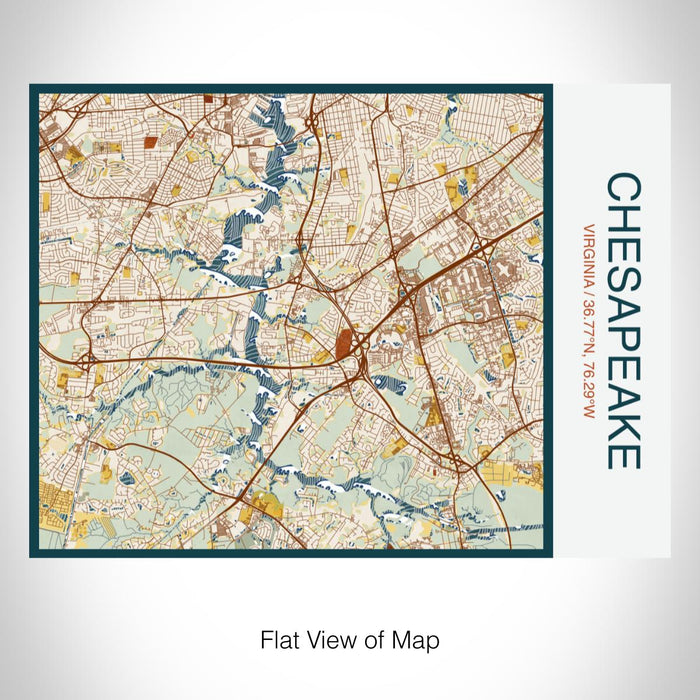 Rendered View of Chesapeake Virginia Map on 20oz Stainless Steel Insulated Bottle with Bamboo Top with printed woodblock style map