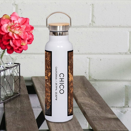 Chico California Custom City Map Inscription Coordinates on 20oz Stainless Steel Insulated Bottle with Bamboo Top with printed ember style map