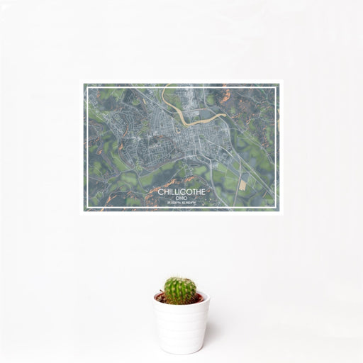 12x18 Chillicothe Ohio Map Print Landscape Orientation in Afternoon Style With Small Cactus Plant in White Planter