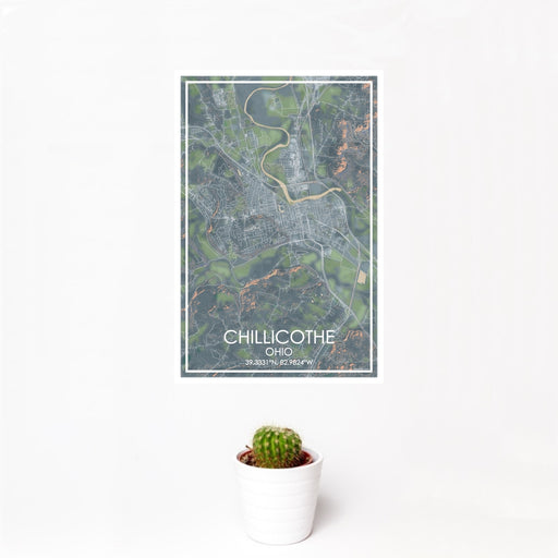 12x18 Chillicothe Ohio Map Print Portrait Orientation in Afternoon Style With Small Cactus Plant in White Planter
