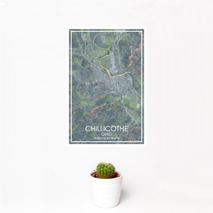 12x18 Chillicothe Ohio Map Print Portrait Orientation in Afternoon Style With Small Cactus Plant in White Planter