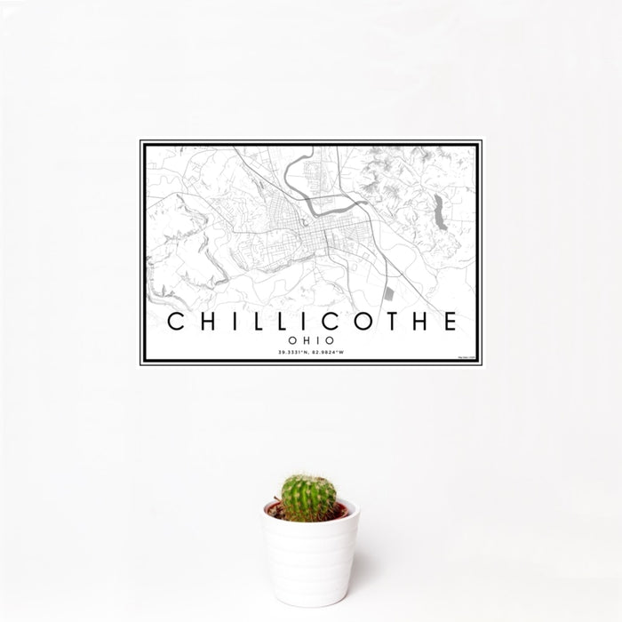 12x18 Chillicothe Ohio Map Print Landscape Orientation in Classic Style With Small Cactus Plant in White Planter