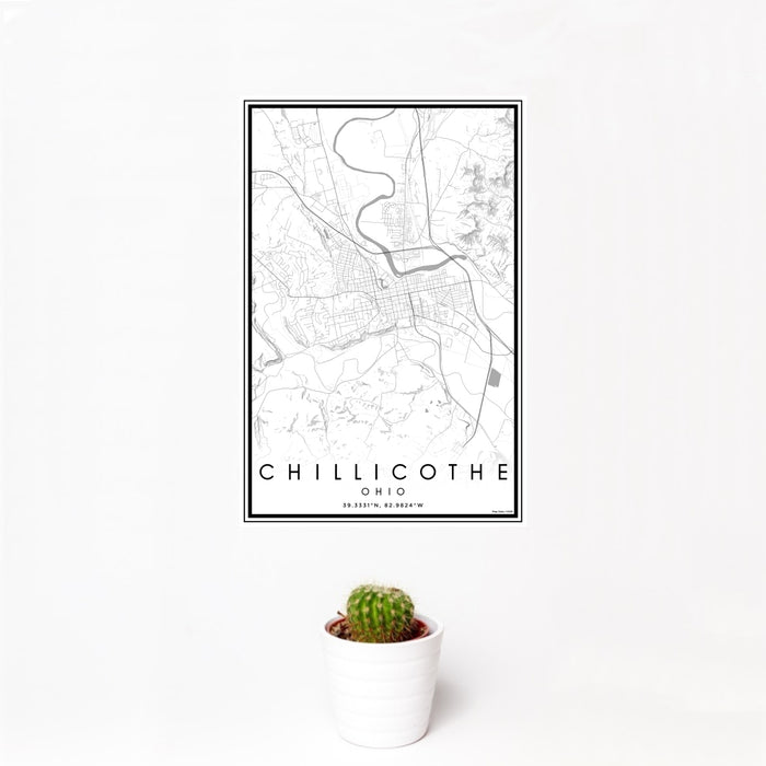 12x18 Chillicothe Ohio Map Print Portrait Orientation in Classic Style With Small Cactus Plant in White Planter