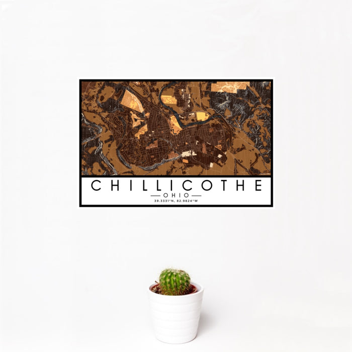 12x18 Chillicothe Ohio Map Print Landscape Orientation in Ember Style With Small Cactus Plant in White Planter
