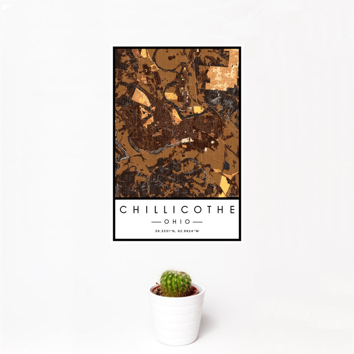 12x18 Chillicothe Ohio Map Print Portrait Orientation in Ember Style With Small Cactus Plant in White Planter