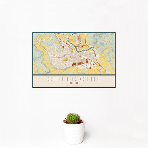 12x18 Chillicothe Ohio Map Print Landscape Orientation in Woodblock Style With Small Cactus Plant in White Planter