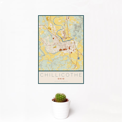 12x18 Chillicothe Ohio Map Print Portrait Orientation in Woodblock Style With Small Cactus Plant in White Planter