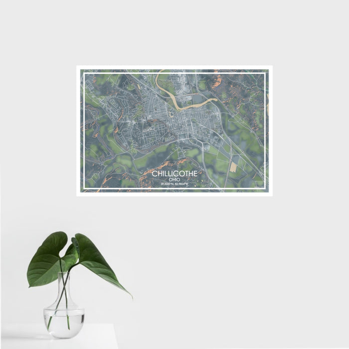 16x24 Chillicothe Ohio Map Print Landscape Orientation in Afternoon Style With Tropical Plant Leaves in Water