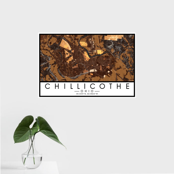 16x24 Chillicothe Ohio Map Print Landscape Orientation in Ember Style With Tropical Plant Leaves in Water