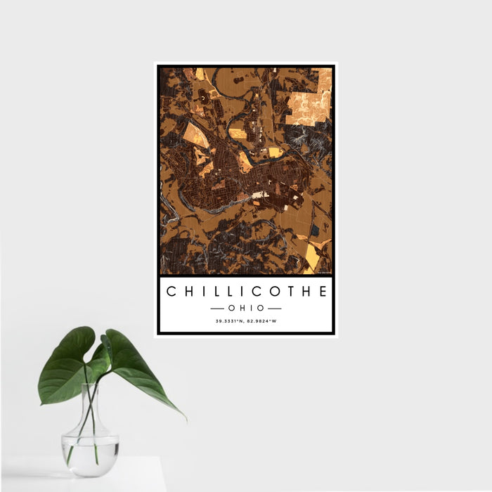 16x24 Chillicothe Ohio Map Print Portrait Orientation in Ember Style With Tropical Plant Leaves in Water
