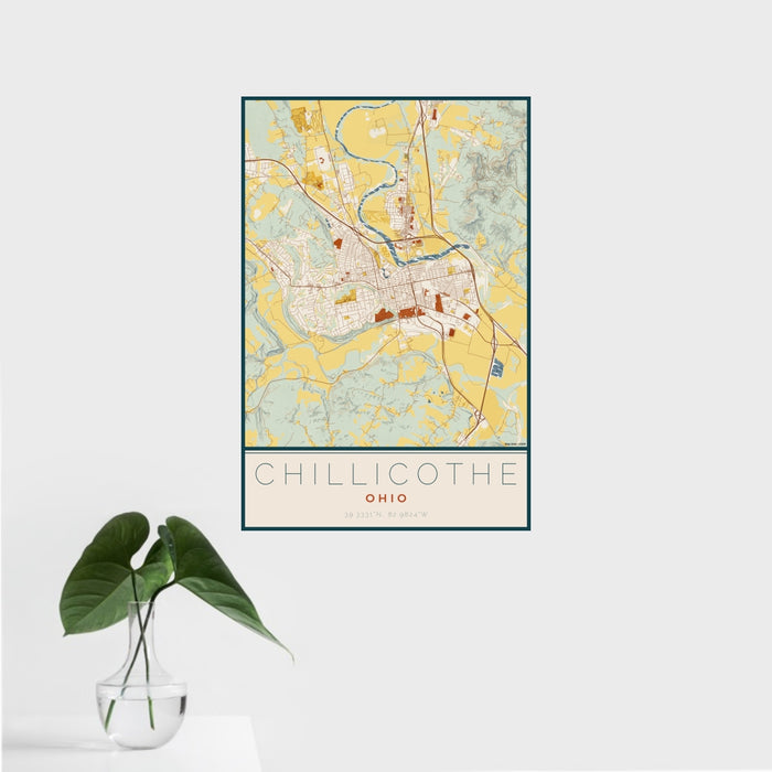 16x24 Chillicothe Ohio Map Print Portrait Orientation in Woodblock Style With Tropical Plant Leaves in Water
