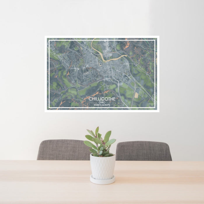 24x36 Chillicothe Ohio Map Print Lanscape Orientation in Afternoon Style Behind 2 Chairs Table and Potted Plant