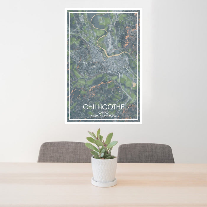 24x36 Chillicothe Ohio Map Print Portrait Orientation in Afternoon Style Behind 2 Chairs Table and Potted Plant