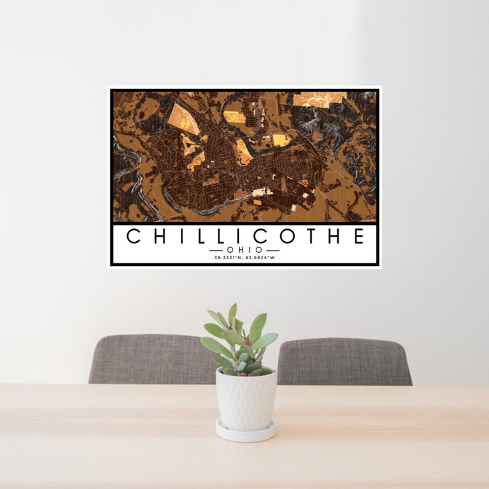 24x36 Chillicothe Ohio Map Print Lanscape Orientation in Ember Style Behind 2 Chairs Table and Potted Plant