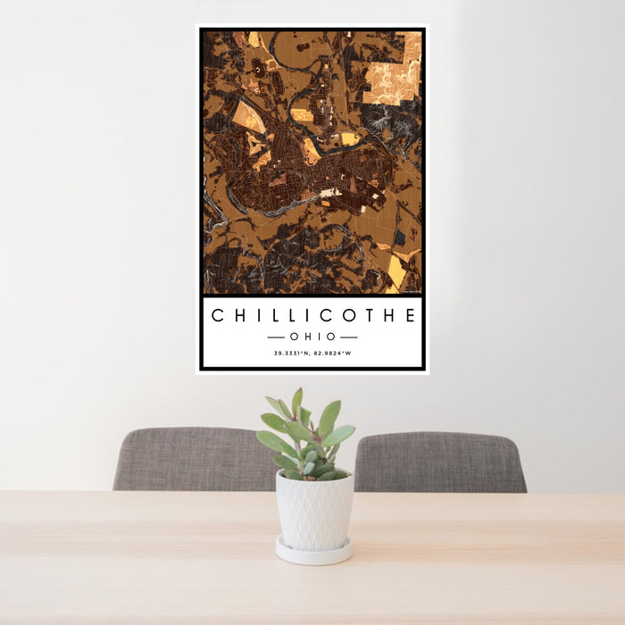 24x36 Chillicothe Ohio Map Print Portrait Orientation in Ember Style Behind 2 Chairs Table and Potted Plant