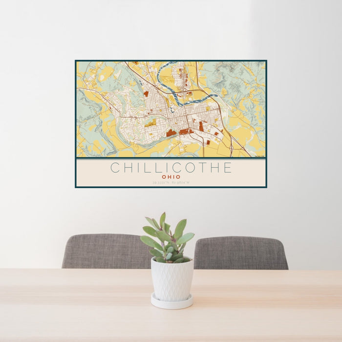24x36 Chillicothe Ohio Map Print Lanscape Orientation in Woodblock Style Behind 2 Chairs Table and Potted Plant