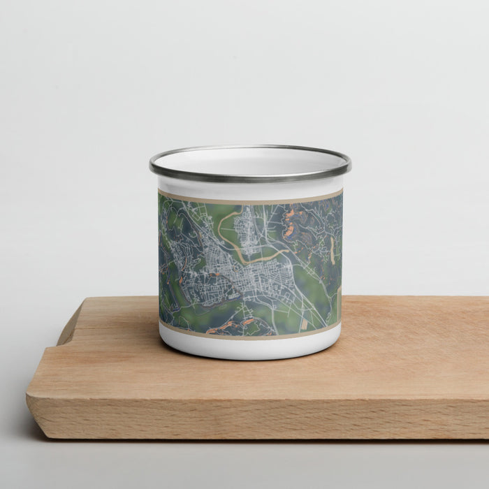 Front View Custom Chillicothe Ohio Map Enamel Mug in Afternoon on Cutting Board